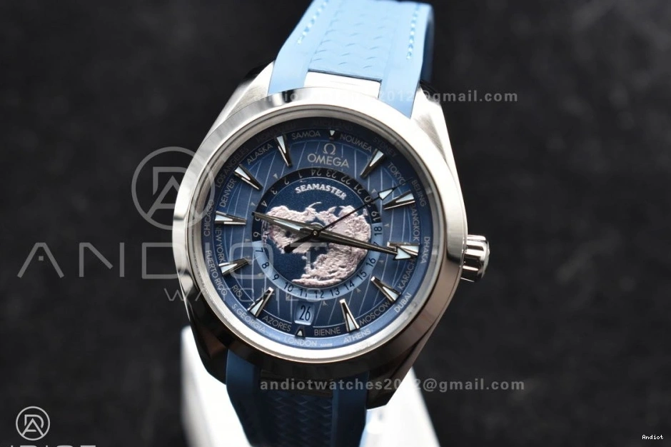 on Dial 43mm A8938 Edition 1:1 Rubber Worldtimer Aqua Terra Blue Best Summer Strap Blue GMT VSF Clone Super 1111